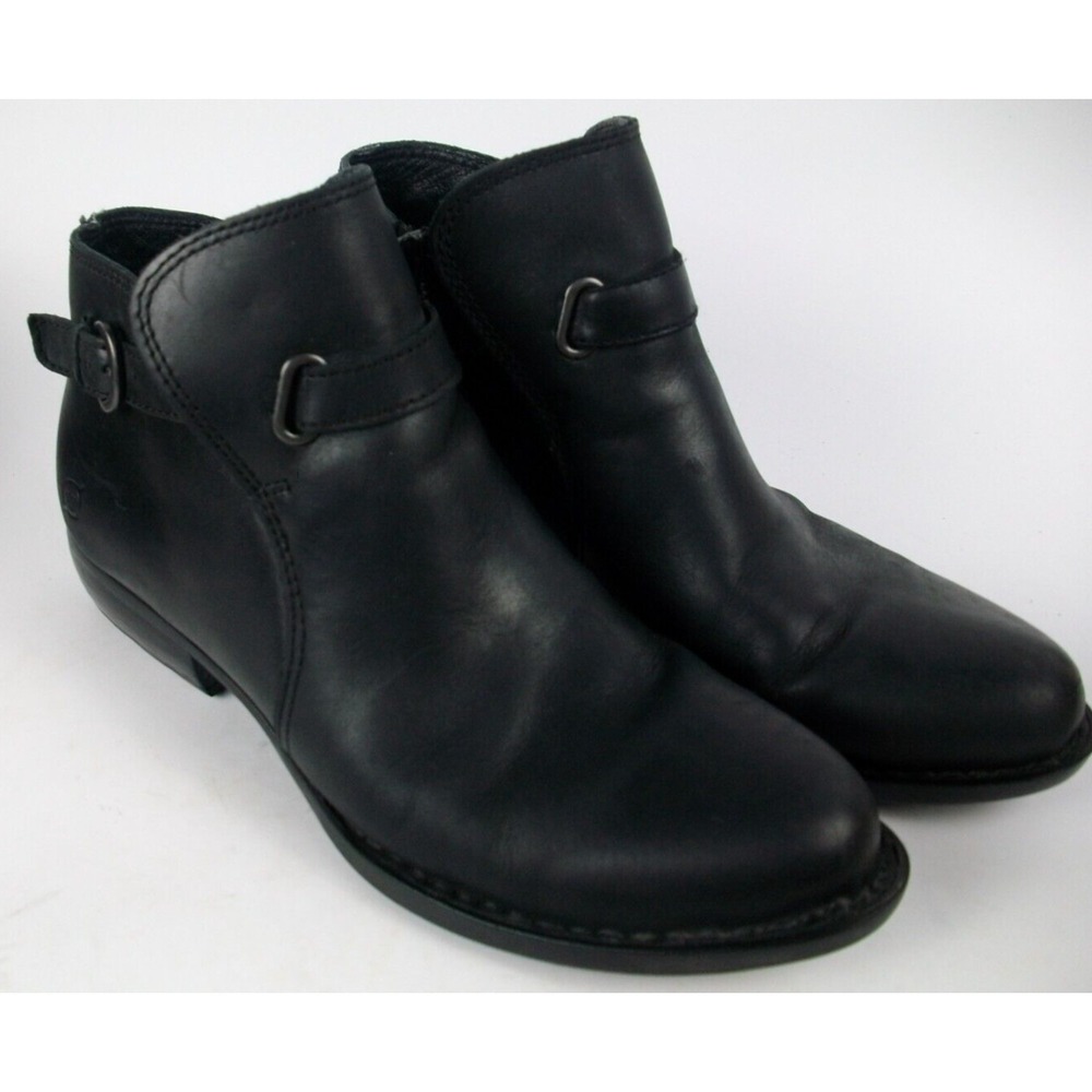 Born Jem Ankle Boots Black Leather Side Zip Buckle Block Heel D38603 Womens 7.5M